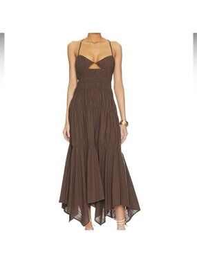 SNDYS Tahlia Dress Chocolate Brown Cutout Tiered Cotton Halter Neck Maxi